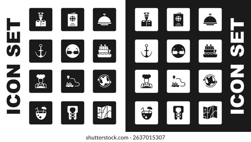 Set Covered with tray, Glasses, Anchor, Captain of ship, Cruise, Passport, Worldwide and Cook icon. Vector