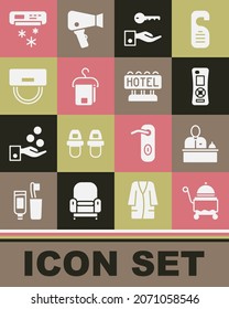 Set Covered with tray, Hotel reception desk, Remote control, door lock key, Towel hanger, Bellboy hat, Air conditioner and Signboard text icon. Vector