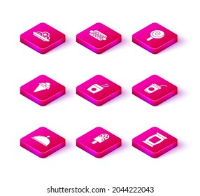 Set Covered with tray, Ice cream, in waffle cone, Asian noodles and chopsticks, Bag or packet potato chips, Paper glass straw, Lollipop and Hotdog sandwich icon. Vector