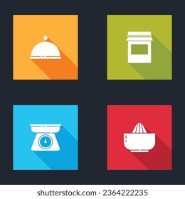 Set Covered with tray, Jam jar, Scales and Citrus fruit juicer icon. Vector