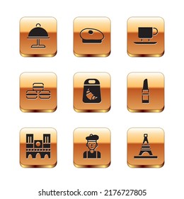 Set Covered with tray, Notre Dame, French man, Croissant package, Macaron cookie, Coffee cup, Eiffel tower and beret icon. Vector