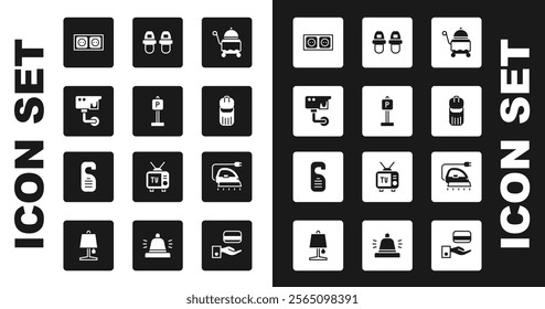 Set Covered with tray, Parking, Security camera, Electrical outlet, Trash can, Hotel slippers, iron and Please do not disturb icon. Vector