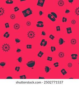 Set Covered with tray, Passport, Ship steering wheel and Captain hat on seamless pattern. Vector