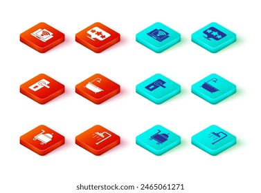 Set Covered with tray, Shower, Door handle, Bathtub shower, Five stars rating review and Wireless laptop icon. Vector