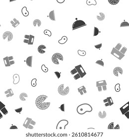 Set Covered with tray, Steak meat, Coffee cup to go and Pizza on seamless pattern. Vector