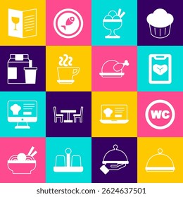 Set Covered with tray, Toilet, Restaurant cafe menu, Ice cream in bowl, Coffee cup, Online ordering and delivery,  and Roasted turkey chicken icon. Vector
