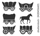 Set of Covered Wagon, vector illustration of a horse driving a Western Wagon,silhouette of old transportation