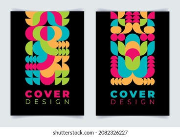 Set of covers with abstract creative geometric mosaic compositions of colorful round elements on black background. Poster, flyer, invitation, template for presentation, catalog, booklet