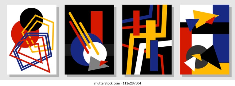 Set of covers with abstract design inspired by Bauhaus art. Bright geometric elements on contrast background. Template for cards, posters, banners.