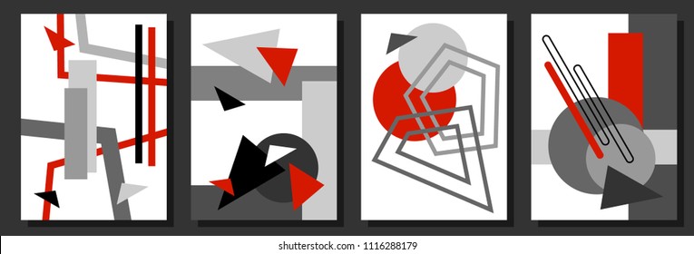 Set of covers with abstract design inspired by Bauhaus art. Black, grey and red geometric elements on contrast background. Template for cards, posters, banners.