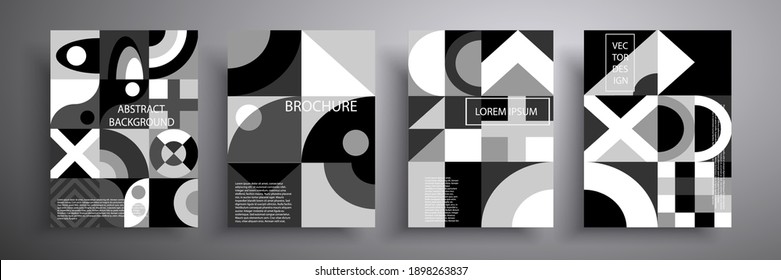 Set of covers. Abstract geometric pattern background, vector circle, triangle and square lines, art design. Black and white background. Compositions for book covers, posters, flyers, magazines