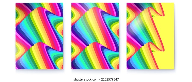 Set of covers with abstract pattern. Psychedelic optical illusion. Abstract lines in rainbow colors. Vector 3d illustration.
