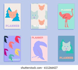 Set of covers with animal print includes fox, wolf, toucan and flamingo. Covers for planners, notebooks, books, postcards, cover magazines.