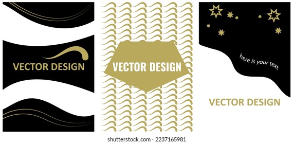 Un conjunto de cubiertas, fondos para productos impresos en color blanco y negro y dorado.