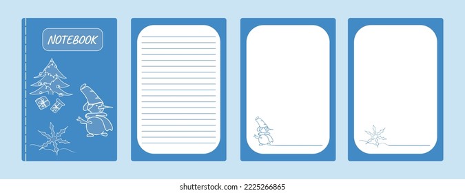 El juego cubre cuaderno azul, arte de línea. Árbol de Navidad, copo de nieve, regalos, muñeco de nieve. Ilustración vectorial.