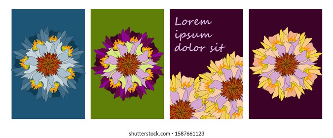 Set of covers with a bright flower in different color combinations. Vector element for card, poster, flyer, invitation, brochure.