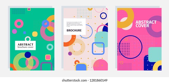 Set of covers with bright geometric shapes. Abstract backgrounds for poster, flyer, banner, brochure and advertising. Template for cover page A4.
