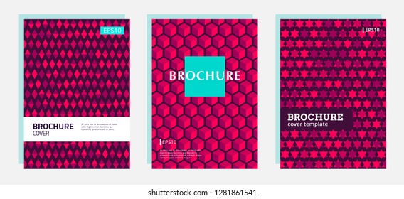 Set of covers with bright geometric shapes. Abstract backgrounds for poster, flyer, banner, brochure and advertising. Template for cover page A4.