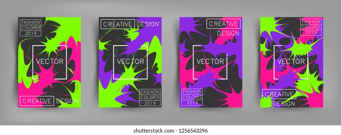 Set of covers with bright paints, pattern and splash. Minimal, light, bright, contrast and explosion design with trend colors of 2019. Coral, purple and green colors. Eps10 vector