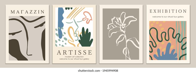 Set of covers, brochures, posters, prints with hand drawn woman face, lily, abstract botanical shapes. Modern art style. Minimalistic contemporary stylish concept.