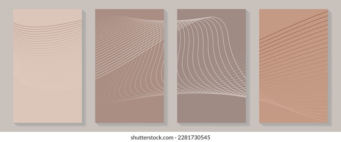 A set of covers of brown and beige with dinamic lines. Minimal wall line art. Social media story layout. Place for logos, messages, text placement.
