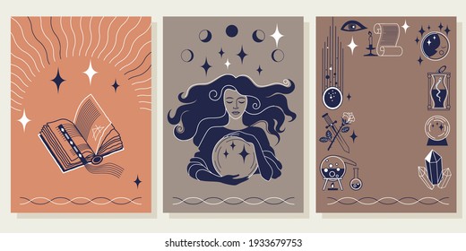 set of covers, cards with magic symbols, beautiful fortune teller with a magic ball. flat pattern with a dark and light outline in a minimalist retro style. stock vector illustration. EPS 10.