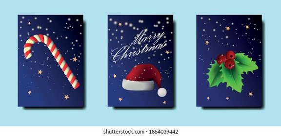 Set of covers with Christmas sweet cane, Santa hat and Christmas mistletoe. Heraldry Merry Christmas.