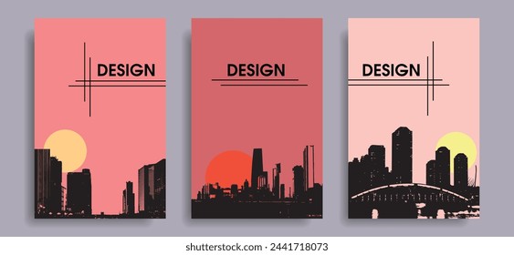 Conjunto de cubiertas con silueta de ciudad y puesta de sol. Diseño para flyer, póster, redes sociales. Vector.