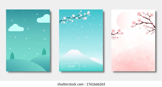 Set of covers design, Modern template with Spring Cherry Blossom with moutain, gradient background,  Pattern of covers template set, Vector illustration