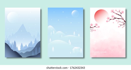 Diseño de conjunto de cubiertas, plantilla moderna con flores de cerezo de primavera con montañas, fondo de degradado, conjunto de plantillas de patrón de cubiertas, ilustración de vector