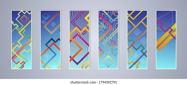 Conjunto de plantillas de diseño de cubiertas con fondo de gradiente vibrante. Afiche moderno de moda con formas geométricas