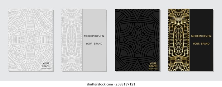 Set of covers, elegant vertical templates. Collection of relief, geometric 3D backgrounds, embossing. Mandala, arabesques, logo. Ethnic ornaments and patterns of the East, Asia, India, Mexico, Aztec.