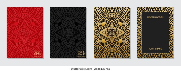 Set of covers, exotic vertical templates. Collection of relief, geometric 3D backgrounds, embossing. Mandala, arabesques, logo. Ethnic ornaments and patterns of the East, Asia, India, Mexico, Aztec.