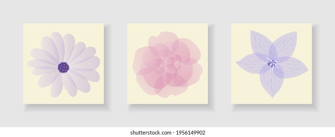 Deckensatz mit flachem Cartoon Blumenvektor, pastellfarbene natürliche Pflanzen. Webdesign-Bildschirmschoner mit Kamille und Rose.