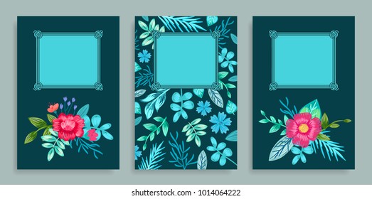 Set of covers with floral pattern, flowers and petals, leaves and frames, banners vector illustration, isolated on grey background
