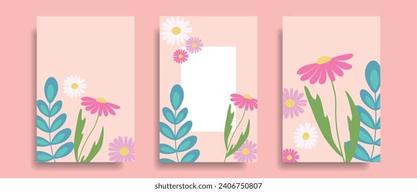 Set of covers with flowers close-up. Floral backgrounds. Posters with flowers. Vector.