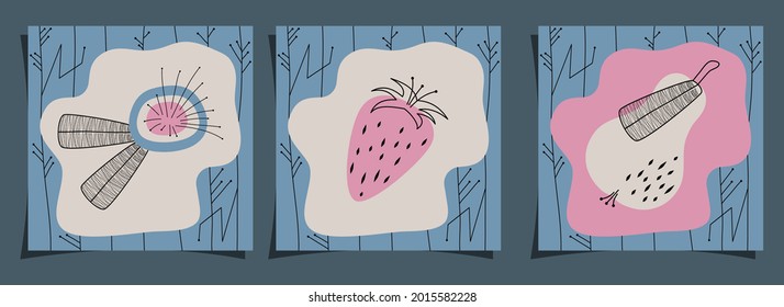 A set of covers with fruit and a flower in Mid-Century Modern style design. Retro vintage style with stripes and electric stars. Vector illustration.