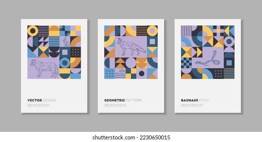 Bezüge mit geometrischen Mustern im Bauhaus-Stil. Eine Kollektion heller neo-geometrischer Plakate. Eine Reihe von Broschüren für den Corporate Style. Tiere im Stile von Memphis. Stock-Vektorgrafik.