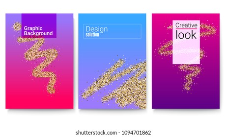 Set of covers with geometric shapes and abstract glitter trace of brush. Background with golden dust pattern and text design for banner, brochure, layout, 3D illustration. Vector template of poster.