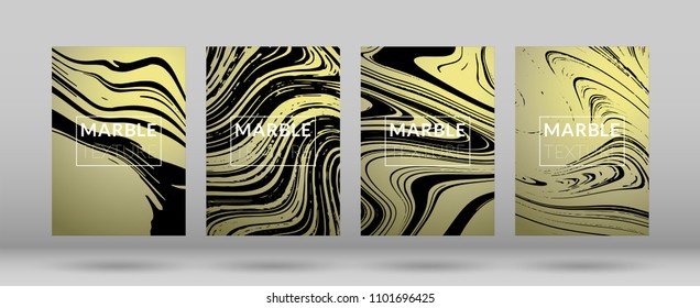 Set of  Covers with Gold Marble Texture. Ink Splash. Colorful Fluid. Marble Textured Cool Cover, Party Flyers, Business Card, Poster Design, Futurist Title Page.

