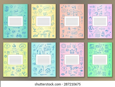 Set Covers with hand drawn ink school doodles. Vector illustration for typography banners, posters, fliers, cards, covers, brochures  etc