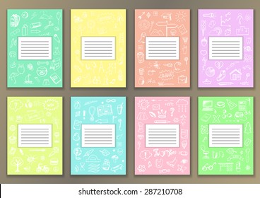 Set Covers with hand drawn ink school doodles. Vector illustration for typography banners, posters, fliers, cards, covers, brochures  etc