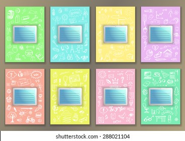 Set Covers with hand drawn ink school doodles and tablet. Vector illustration for typography banners, posters, fliers, cards, covers, brochures  etc