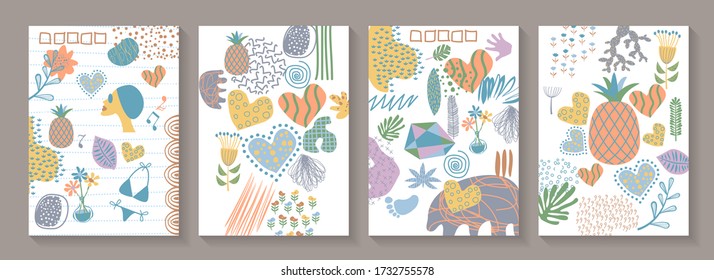 Conjunto de cubiertas. La mano dibujó varias formas y valentina. Resumen de ilustraciones vectoriales modernas y modernas.  Diversas formas, objetos de doodle. Marco contemporáneo y moderno.