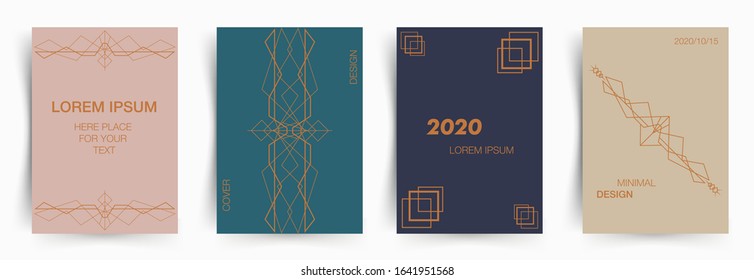 Set of covers, invitation in the art-deco, victorian style with golden geometric lines on halftone pink, green, purple and yellow background. Eps 10