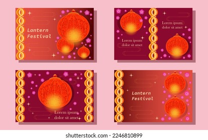 Set of covers Lantern Festival in Chinese style. Festive background with ornaments, decorative elements, lantern and space for text. Design postcard, poster, setsu post, greeting card, party flyer.