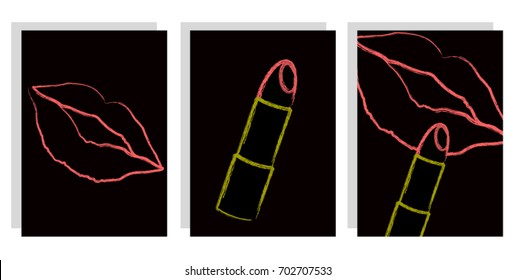 Set covers. Lips and lipstick on a black background