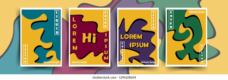 Set of covers. Liquid abstract design for cover, flayer, website, brochures, booklet and other various productions. Yellow liquid on turquoise, vinous, purple and green background. Eps 10
