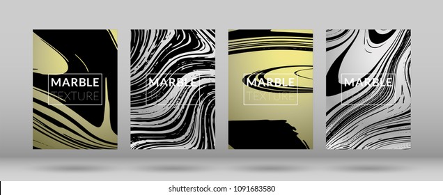 Set of  Covers with Marble Texture. Gradient Vector Marble. Silver and Gold Textured Cool Cover, Party Flyers, Business Card, Poster Design, Title Page.

