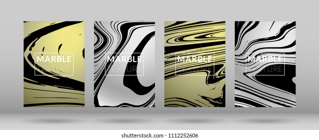 Set of  Covers with Marble Texture. Gradient Vector Marble. Silver Textured Cool Cover, Party Flyers, Business Card, Poster Design, Futurist Title Page.

